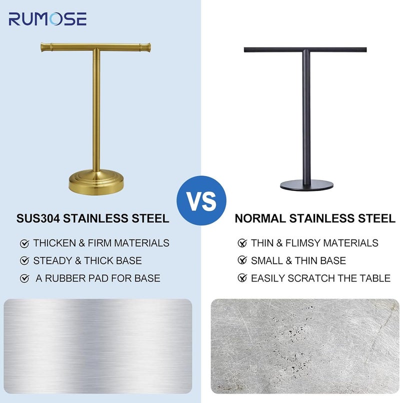 RUMOSE 13 Inch Brushed Gold Towel Stand Hand Towel Holder Bathroom Kitchen Vanity Countertop T-Shape Towel Rack Free Standing Stainless Steel Towel Bar Towel Ring - Image 5